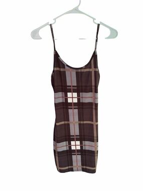 Shelly Plaid Bodycon Mini Dress Brown Tan Spaghetti Strap Size Small